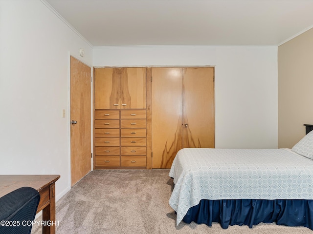 carpeted bedroom with ornamental molding