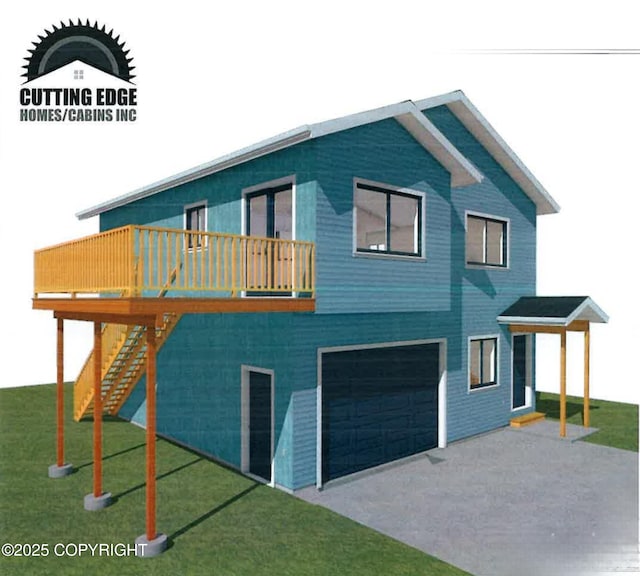 exterior space with a garage, a deck, and a front yard