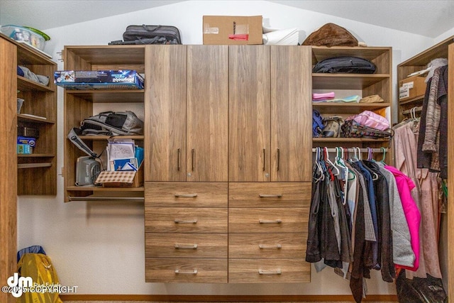 walk in closet featuring lofted ceiling