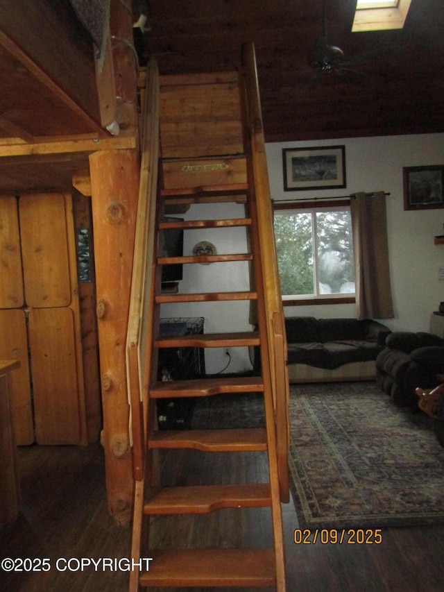 staircase with hardwood / wood-style flooring