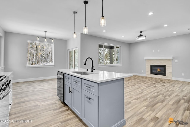 kitchen featuring baseboards, light wood-style flooring, gray cabinets, light countertops, and a sink