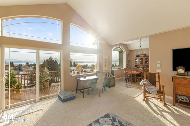 interior space featuring a mountain view and high vaulted ceiling