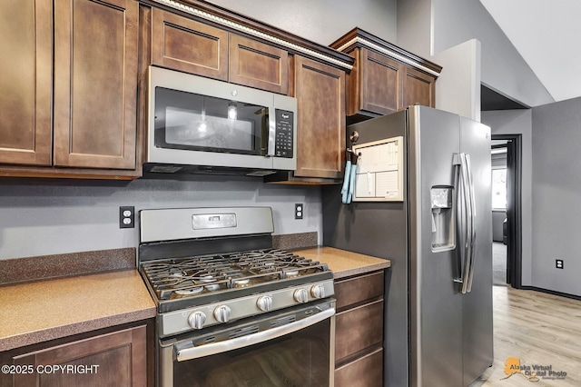 kitchen with dark brown cabinetry, light hardwood / wood-style flooring, and stainless steel appliances