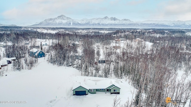 snowy aerial view with a mountain view