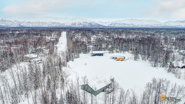 snowy aerial view featuring a mountain view