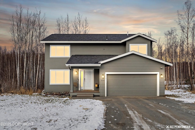 view of front facade with driveway, a garage, and roof with shingles