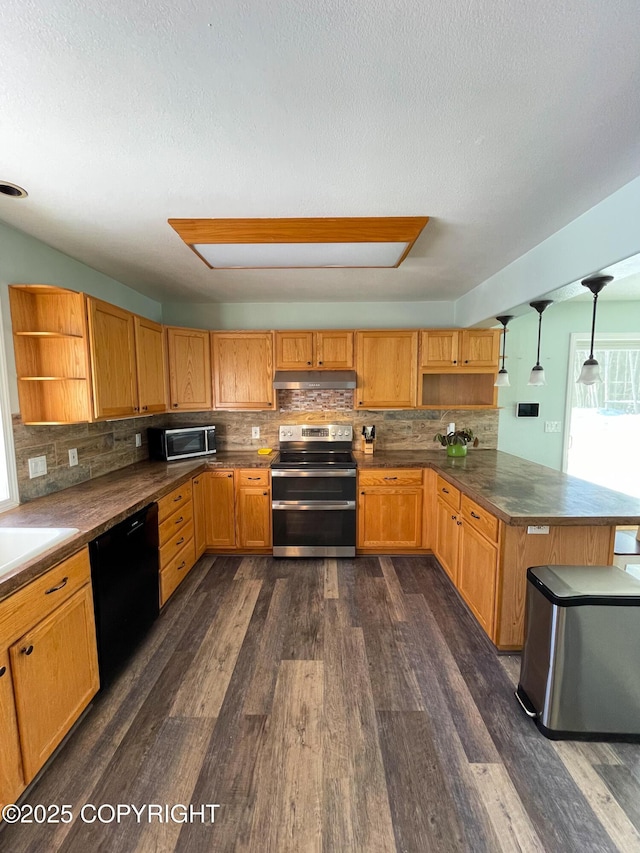 kitchen with black dishwasher, dark wood-type flooring, a peninsula, double oven range, and open shelves