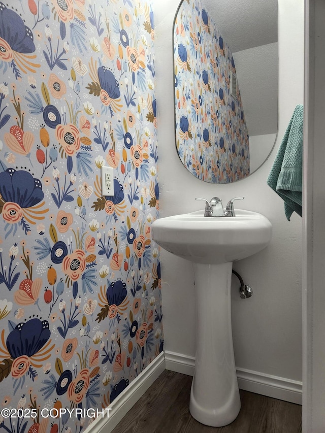 bathroom with baseboards and wood finished floors