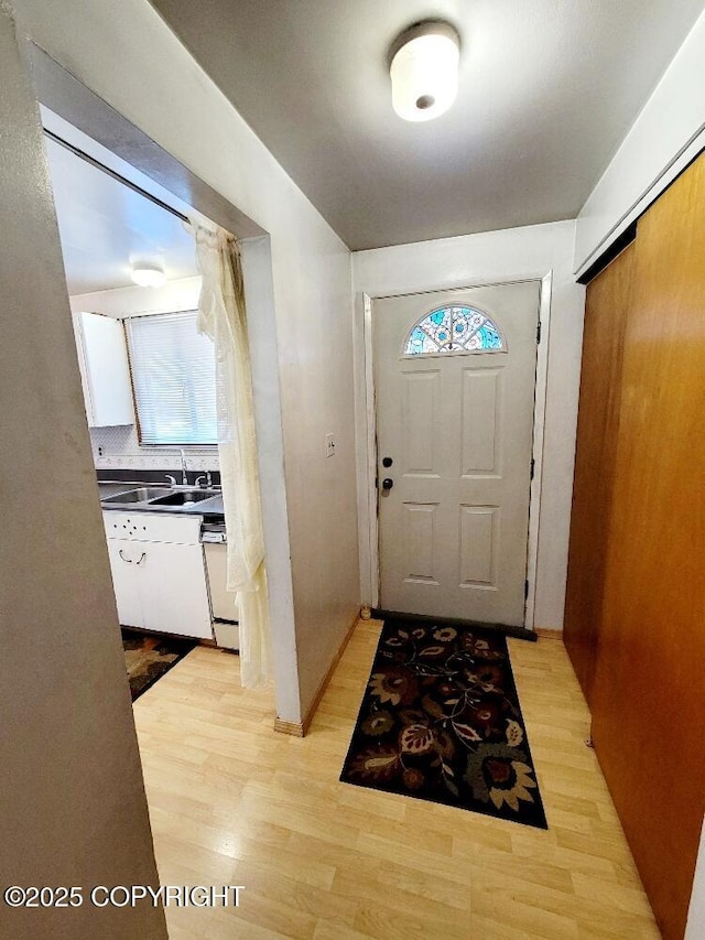 doorway to outside featuring sink and light hardwood / wood-style floors