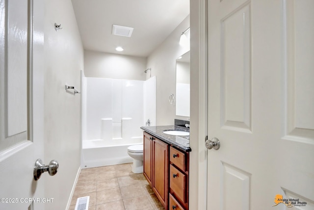 full bath with tile patterned flooring, toilet, vanity, visible vents, and  shower combination