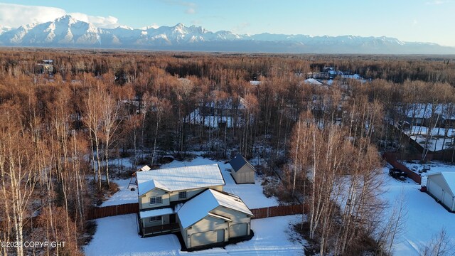 snowy aerial view featuring a mountain view