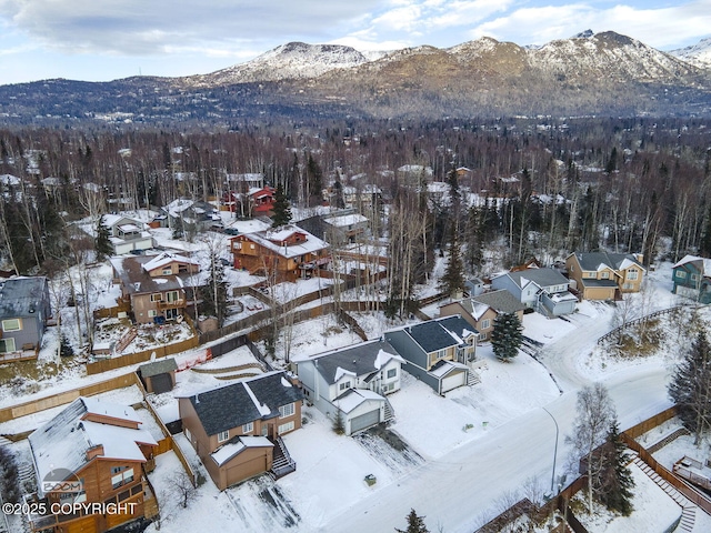 snowy aerial view with a mountain view