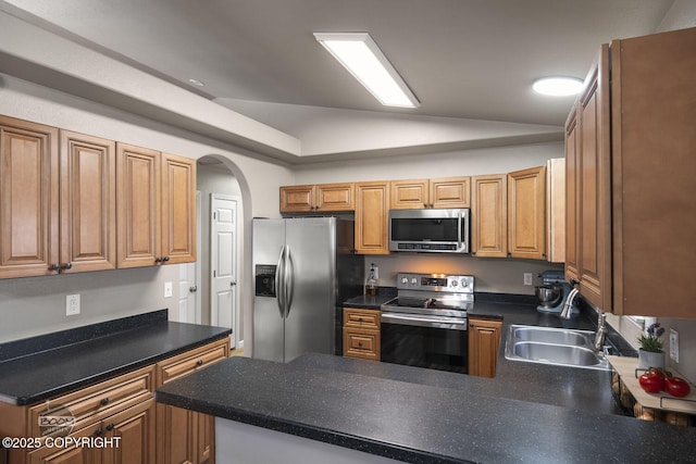 kitchen featuring lofted ceiling, stainless steel appliances, and sink