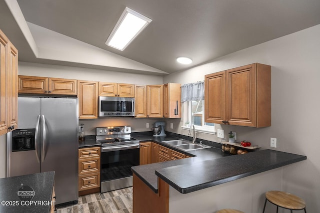 kitchen with a breakfast bar, lofted ceiling, sink, kitchen peninsula, and stainless steel appliances