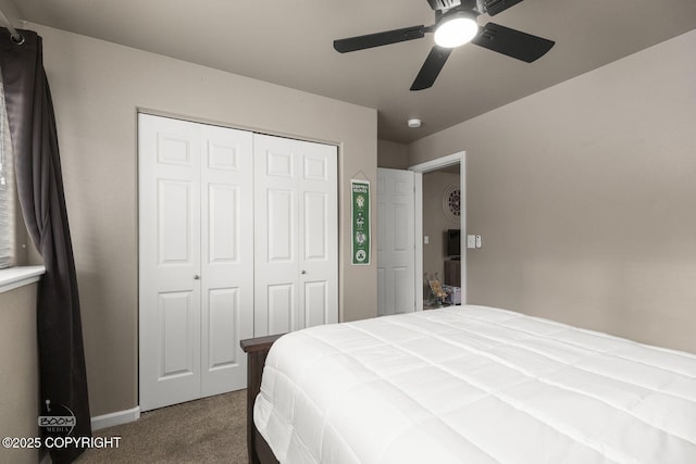 bedroom featuring a closet, ceiling fan, and carpet flooring