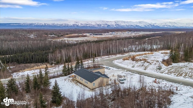 snowy aerial view featuring a mountain view