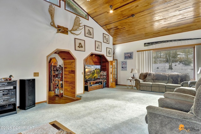 living room featuring high vaulted ceiling, wood ceiling, and carpet