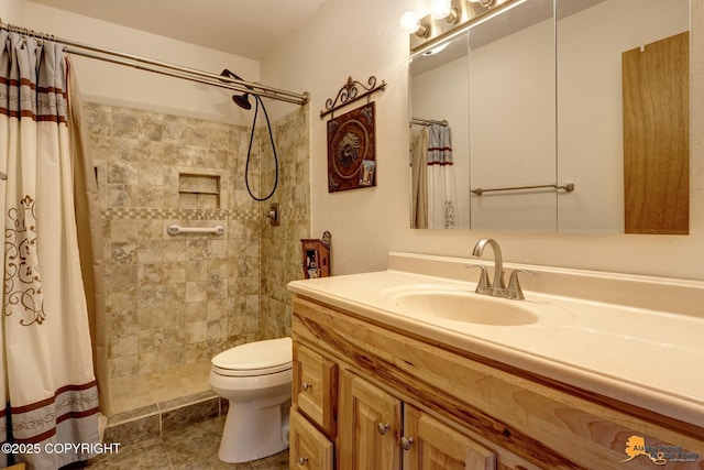 bathroom featuring toilet, vanity, and a shower with curtain