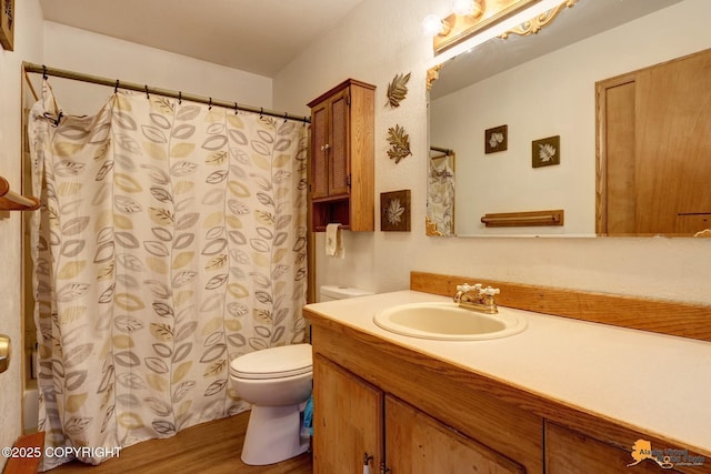 bathroom featuring hardwood / wood-style flooring, vanity, and toilet