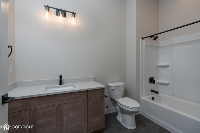 bathroom featuring toilet,  shower combination, tile patterned flooring, and vanity