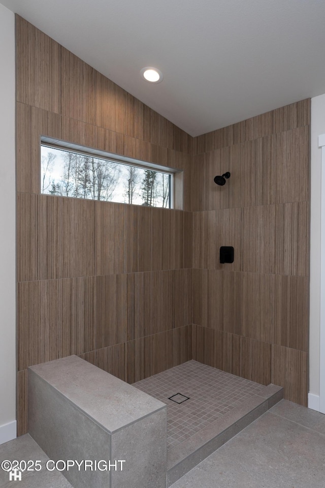 full bathroom with a sauna and a tile shower