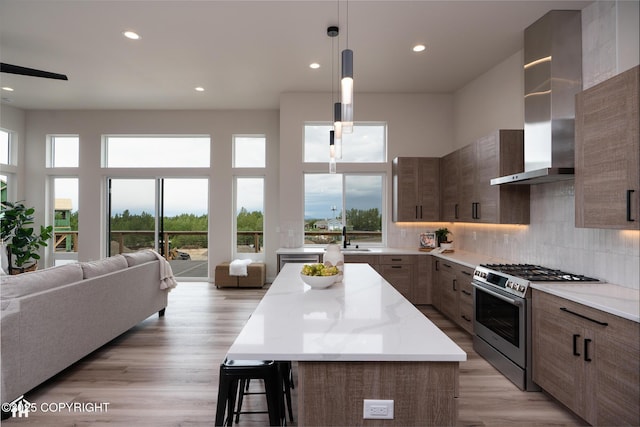 11093 Red Sky Cir, Anchorage, AK 99516 - kitchen with gas range, wall chimney range hood, open floor plan, a center island, and modern cabinets