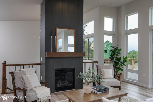 11093 Red Sky Cir, Anchorage, AK 99516 - living area with a towering ceiling, light wood-style floors, and a glass covered fireplace