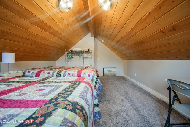 carpeted bedroom featuring vaulted ceiling, wood ceiling, and baseboards