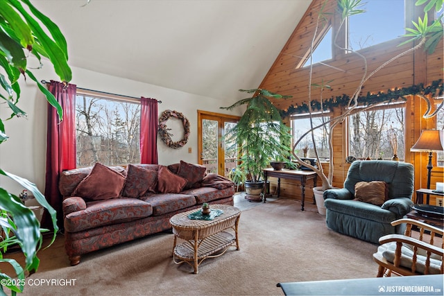 carpeted living room featuring high vaulted ceiling