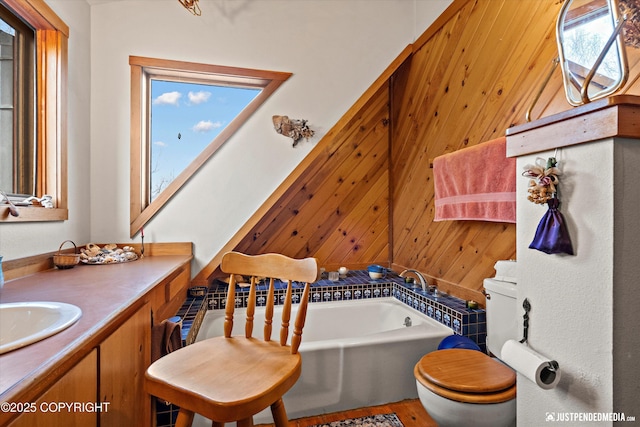 full bathroom with toilet, plenty of natural light, a bath, and vanity