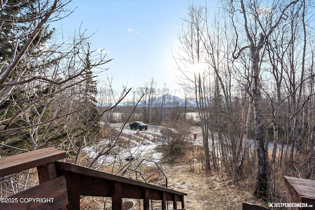 view of yard with fence and a mountain view