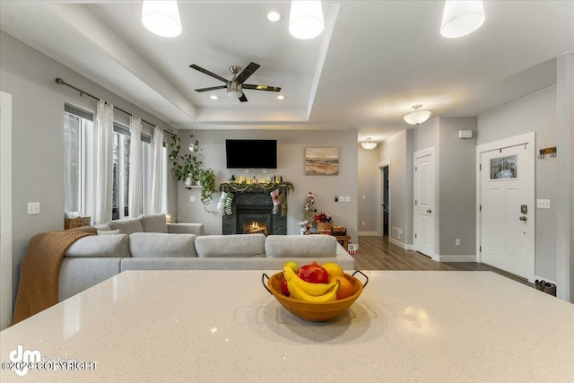 living room featuring ceiling fan, light wood-type flooring, and a tray ceiling