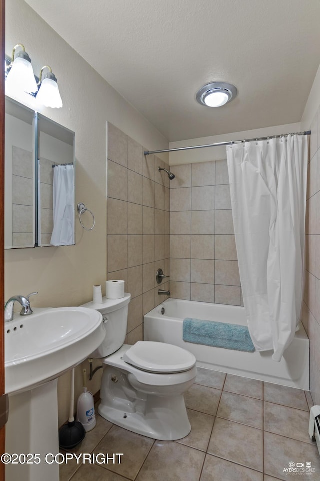 bathroom with shower / bathtub combination with curtain, a baseboard heating unit, tile patterned flooring, and toilet