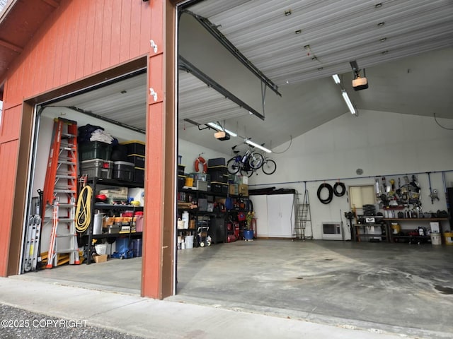 garage with a workshop area