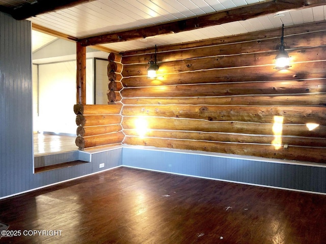 spare room featuring dark hardwood / wood-style floors, rustic walls, beam ceiling, and wood ceiling