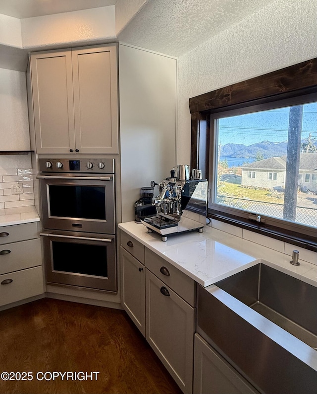 kitchen featuring sink, double oven, dark hardwood / wood-style floors, tasteful backsplash, and a mountain view