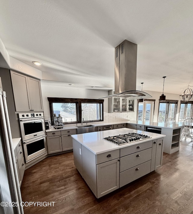 kitchen with sink, gray cabinetry, island range hood, a center island, and appliances with stainless steel finishes