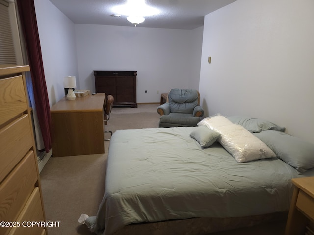 bedroom with light colored carpet