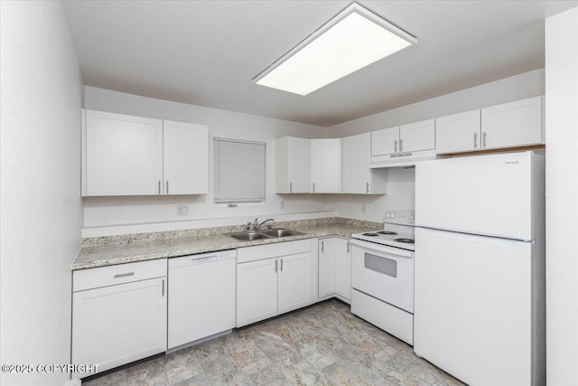 kitchen featuring light countertops, white cabinets, a sink, white appliances, and under cabinet range hood