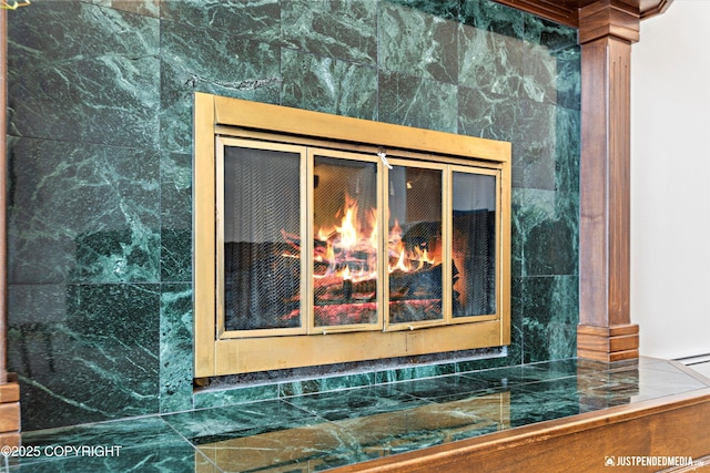 interior details featuring a fireplace