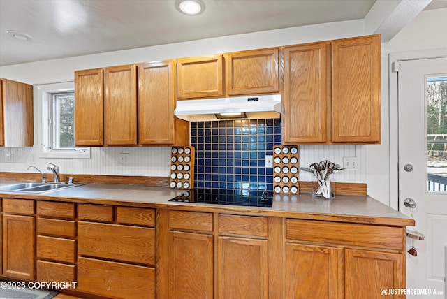 kitchen with decorative backsplash, a sink, black electric stovetop, under cabinet range hood, and a wealth of natural light