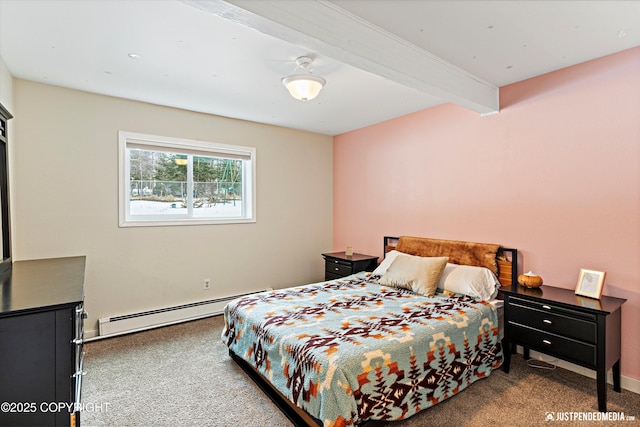 bedroom with carpet floors, baseboard heating, and beam ceiling