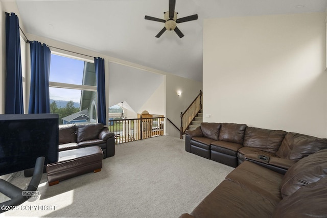 1968 S Paddock Dr, Wasilla, AK 99654 - carpeted living room featuring ceiling fan and vaulted ceiling