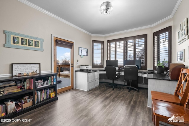 office space with dark wood-type flooring and ornamental molding