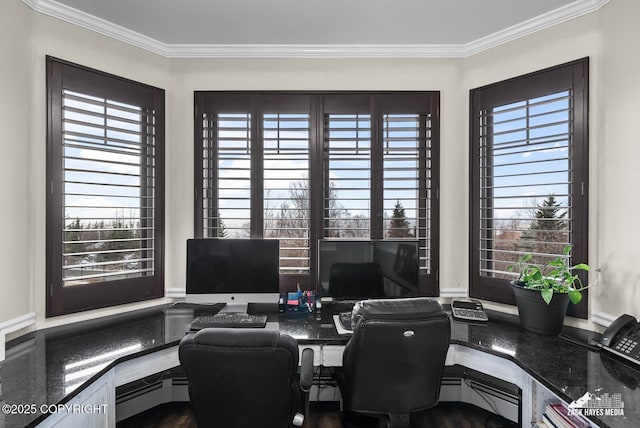 office featuring a baseboard heating unit and ornamental molding