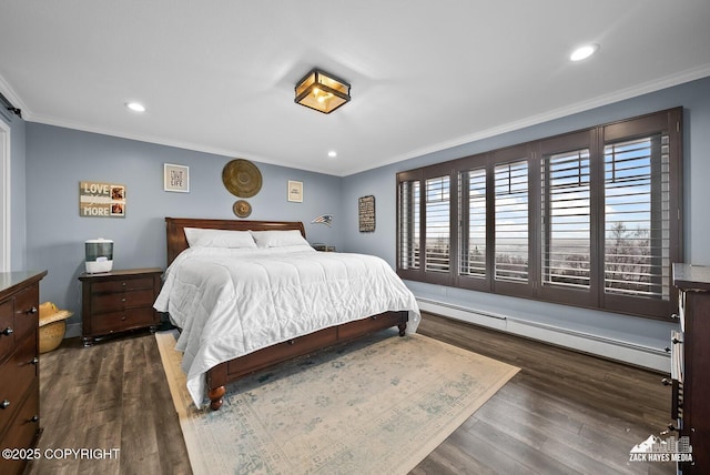 bedroom with recessed lighting, ornamental molding, wood finished floors, and a baseboard radiator