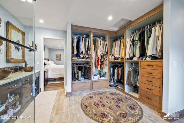 spacious closet featuring light wood finished floors and a sink