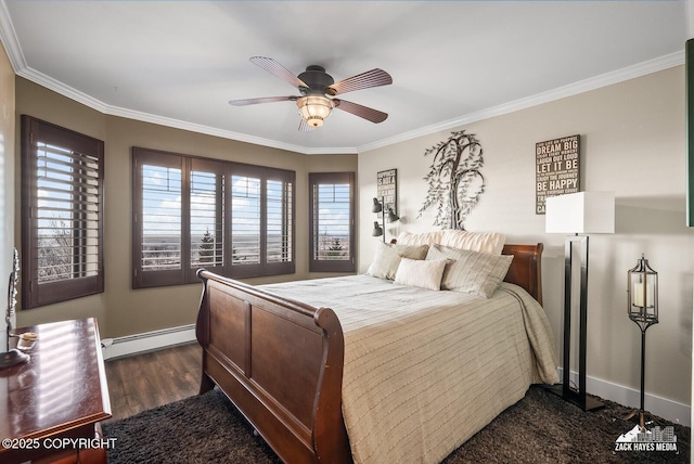 bedroom with a baseboard radiator, ornamental molding, and dark wood finished floors