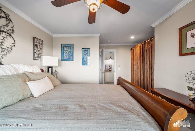 bedroom featuring recessed lighting, ceiling fan, and crown molding