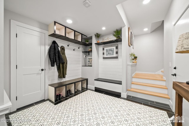 mudroom featuring tile patterned floors, recessed lighting, and baseboards